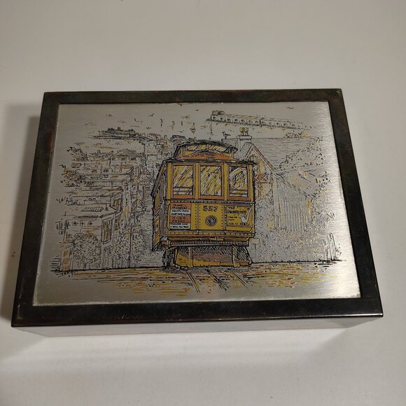 Vintage Reed & Barton Damascene Silverplate Trinket Box Gump's SF Trolley Train - Picture 2 of 12